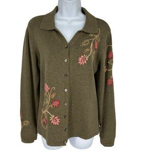Talbots Floral Embroidered Button-Up Olive Green Long Sleeve Cardigan SizeM